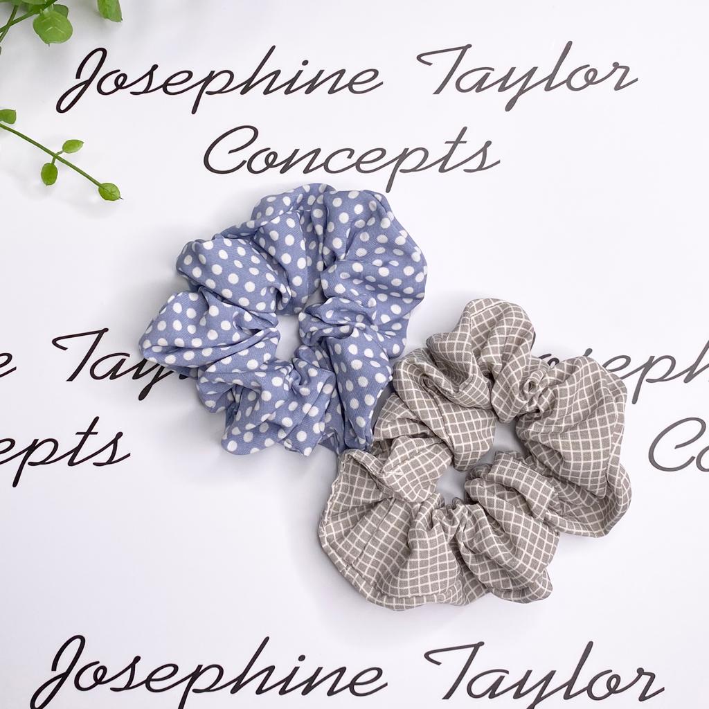 Twin pack blue & grey poka dot scrunchies
