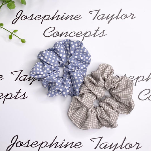 Twin pack blue & grey poka dot scrunchies