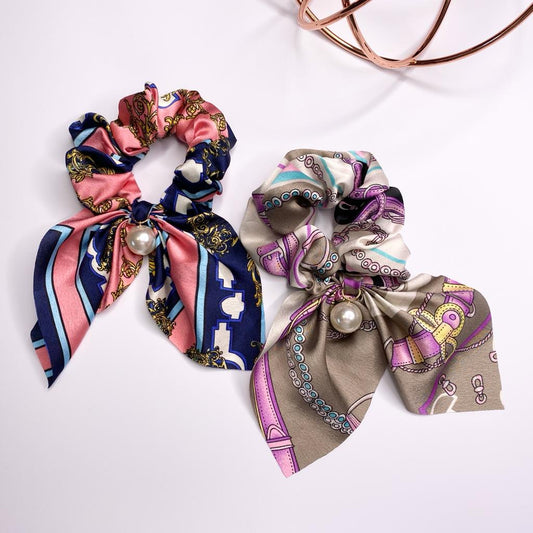 Twin pack blue & grey designer pearl scrunchies