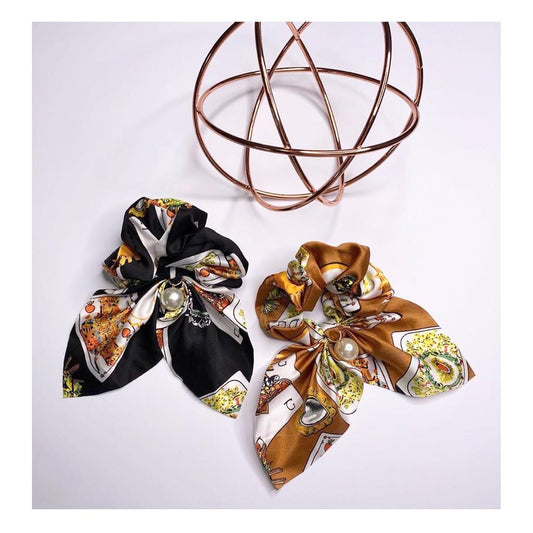 Twin pack black & terracotta pearl scrunchies