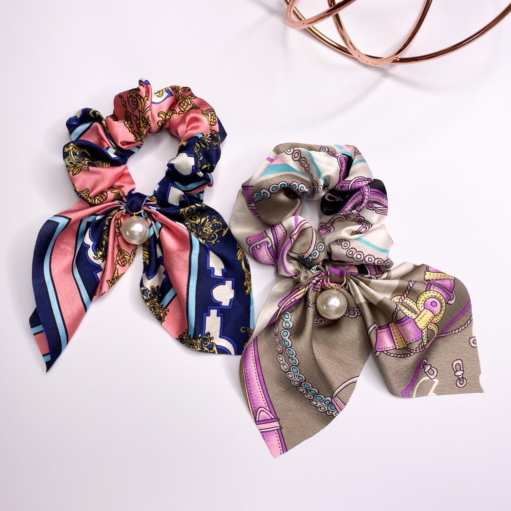 Twin pack blue & grey designer pearl scrunchies