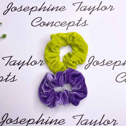 Twin pack fluro green & metallic purple scrunchies